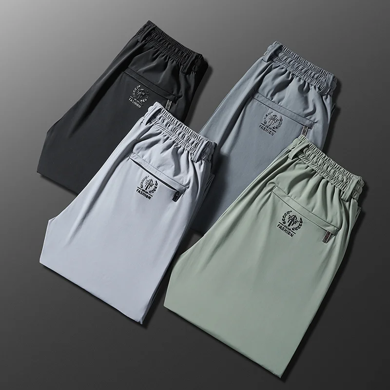 

2022 Summer Men's Casual Pants Thin Soft Sports Zip Pocket Korea Grey Black Elasticity Lace-up Waist Jogging Work Trousers Male