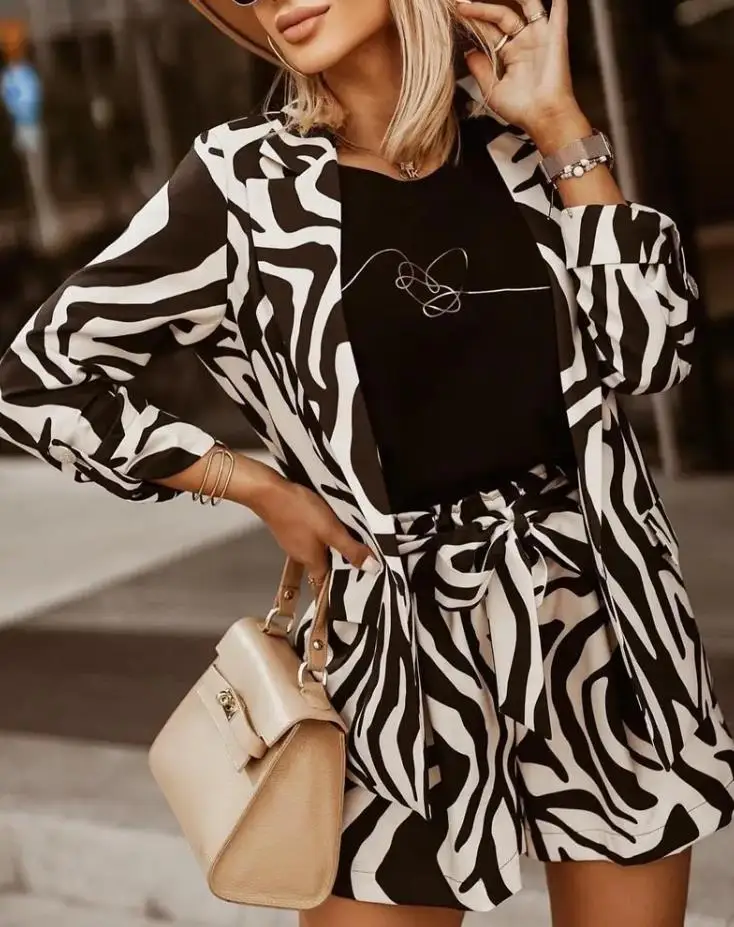 

Womens Two Piece Set Elegant Zebra Stripe Print Long Sleeve Blazer & Shorts Set New 2022 Tied Detail Blazer Suit Female Outifits