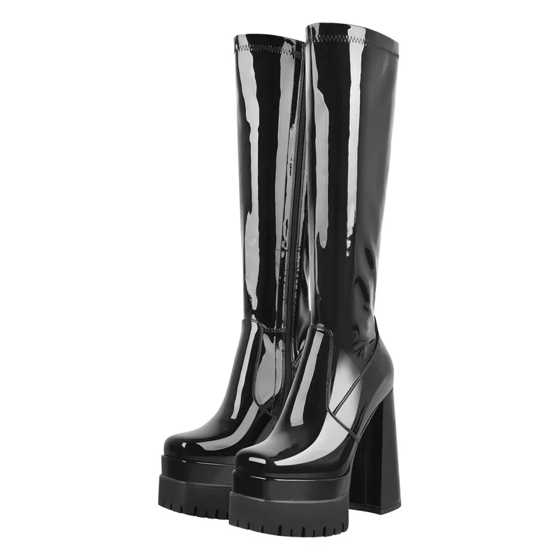 Onlymaker Women Black Platform Chunky Heel Knee High Patent Leather Square Toe  Lady Boots