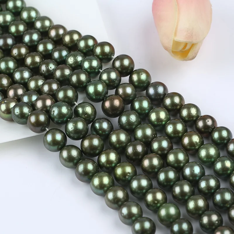 

9-11/10-12mm Dyed Green Color Real Freshwater Edison Round Pearl Beads Strand