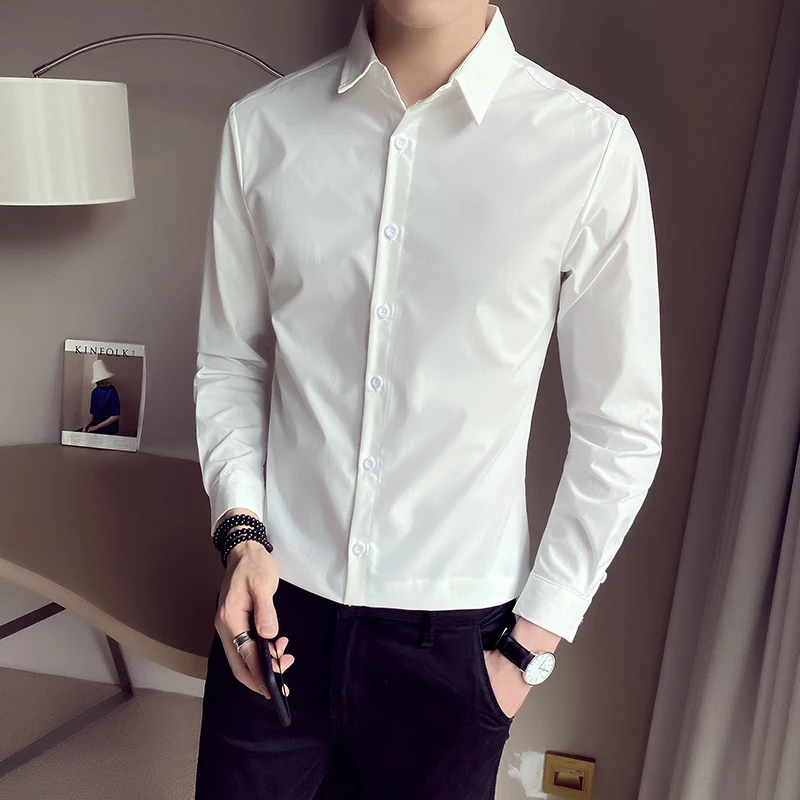 

Spring New Mens Business Casual Solid Color Long Sleeved Shirt Seven Color Casual Shirt Business Slim Fit Men Shirt 3XL