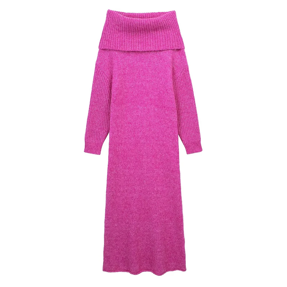 

Женское трикотажное платье PB & ZA, длинное розово-красное платье с длинным рукавом и воротником-шарфом, Элегантная трикотажная одежда в Корей...