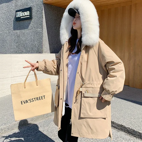 

Luxury brand 2023 Winter Hooded Women's Parkas Khaki Fashion Fox Collar Warm Thick Rabbit Fur Liner Jackets Manteau Femme Gmm720
