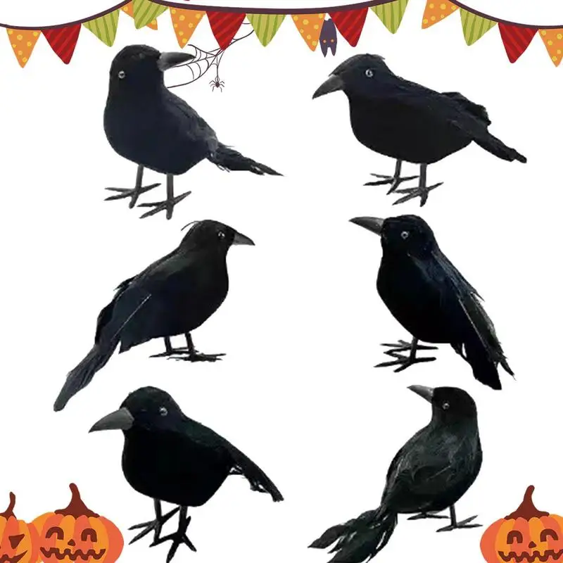 

Halloween Crows Decor 6Pcs Spooky Realistic Crows Figurines With Real Feathers Party Supplies For Tree Coffee Table Walls