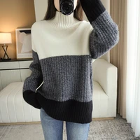 autumn and winter new high neck long sleeved solid color wool sweater loose thickened cashmere pullover color blocking womens s