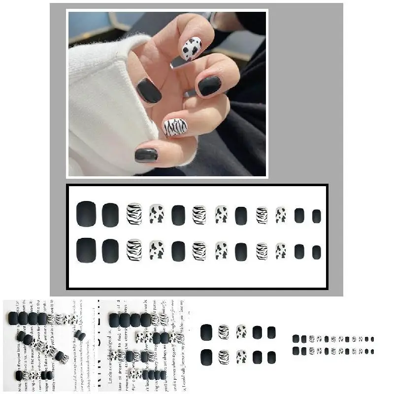 

Горячая Распродажа 24 шт матовые черные и белые молочные коровы Леопардовый принт накладные ногти Ноготь гвозди для дизайна ногтей