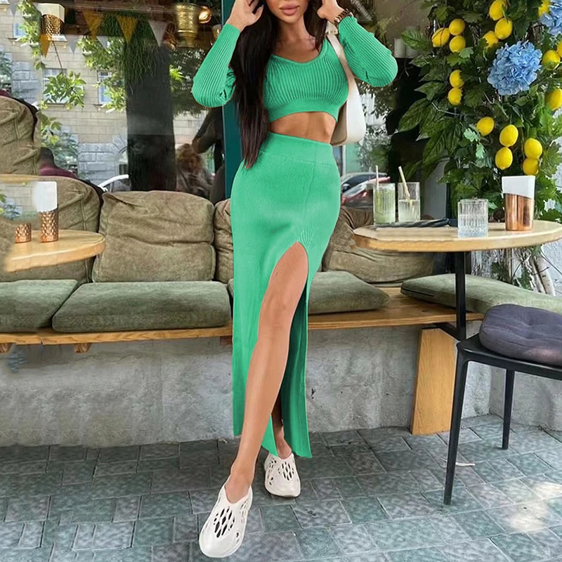 Весна-Осень 2022 вязаные Сексуальные облегающие Женские костюмы повседневный