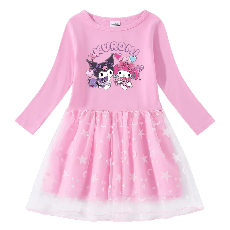 

Sanrio Melody 2023 Spring and Autumn New Girls Cotton Printed Cartoon Stars and Moon Mesh Long Sleeve Princess Dress