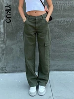 yikuo green brown vintage baggy jeans womens wide leg cargo pants y2k streetwear casual high waist denim straight jean retro
