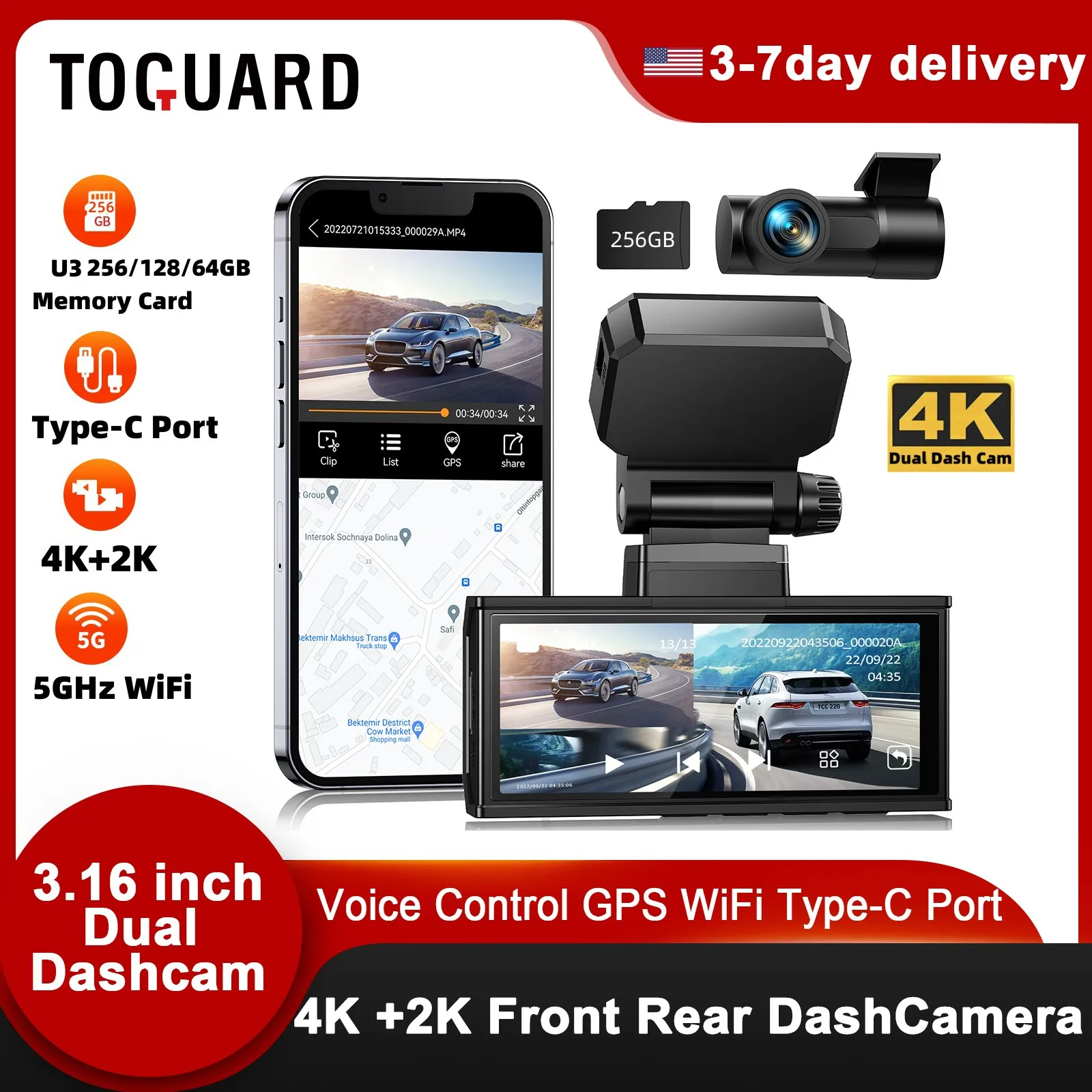 

TOGUARD 5Ghz WiFi 4K Front and 2K Rear Dash Cam, Type-C port, GPS tracking, Touch Screen, Sony Night Vision, Voice Commands