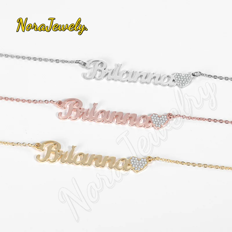 NORAJewelry Customized Iced Out Heart Name Necklace Pendant Heart Stainless Steel Charm Nameplate Necklace Jewelry Women Gifts
