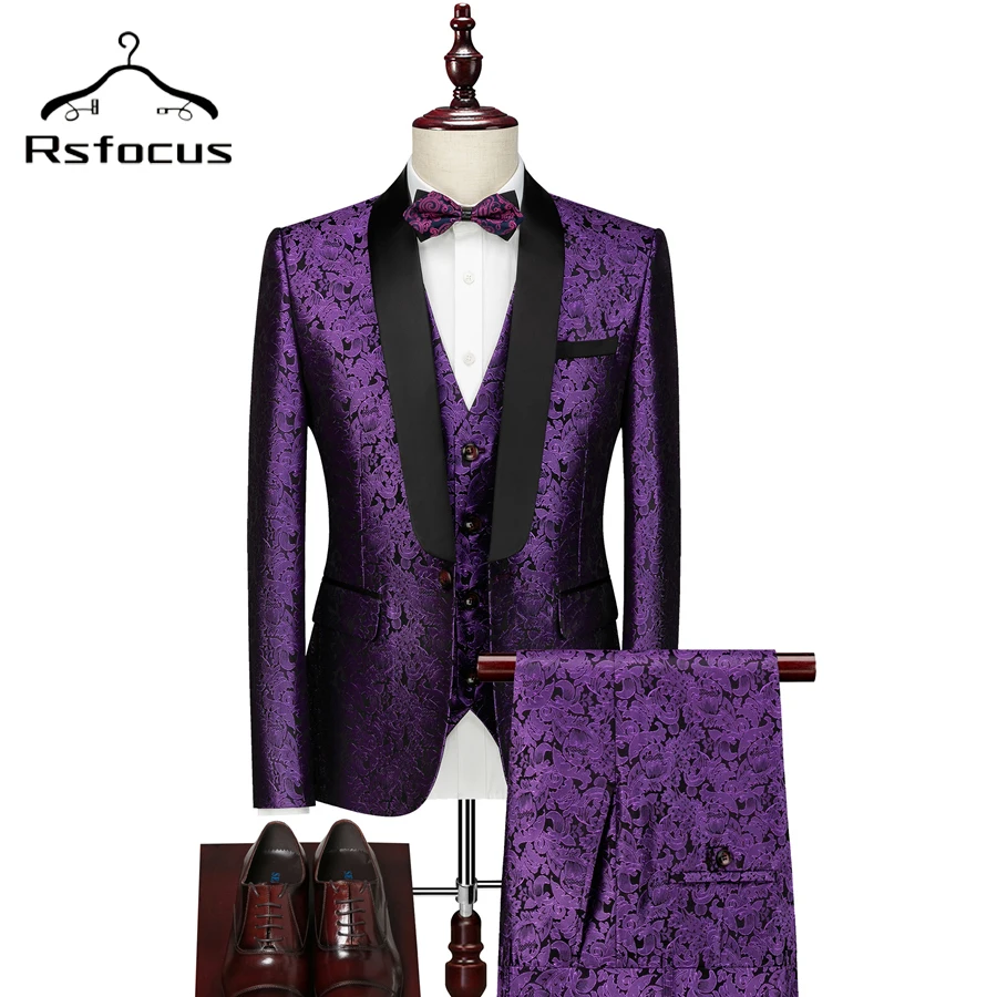 Rsfocus Purple Wedding Suit For Men Slim Fit Floral Jacquard Prom Party Suits 6XL High Quality Elegant Mens Casual Suits TZ073