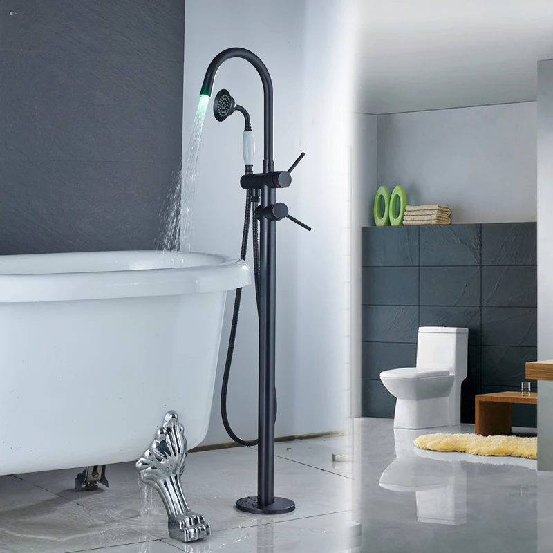 

Freestanding Bathtub Faucet LED Light Bathroom Tub Sink Mixers Single Pole Floor Mounted Bathtub Mixer Tap with Handshower