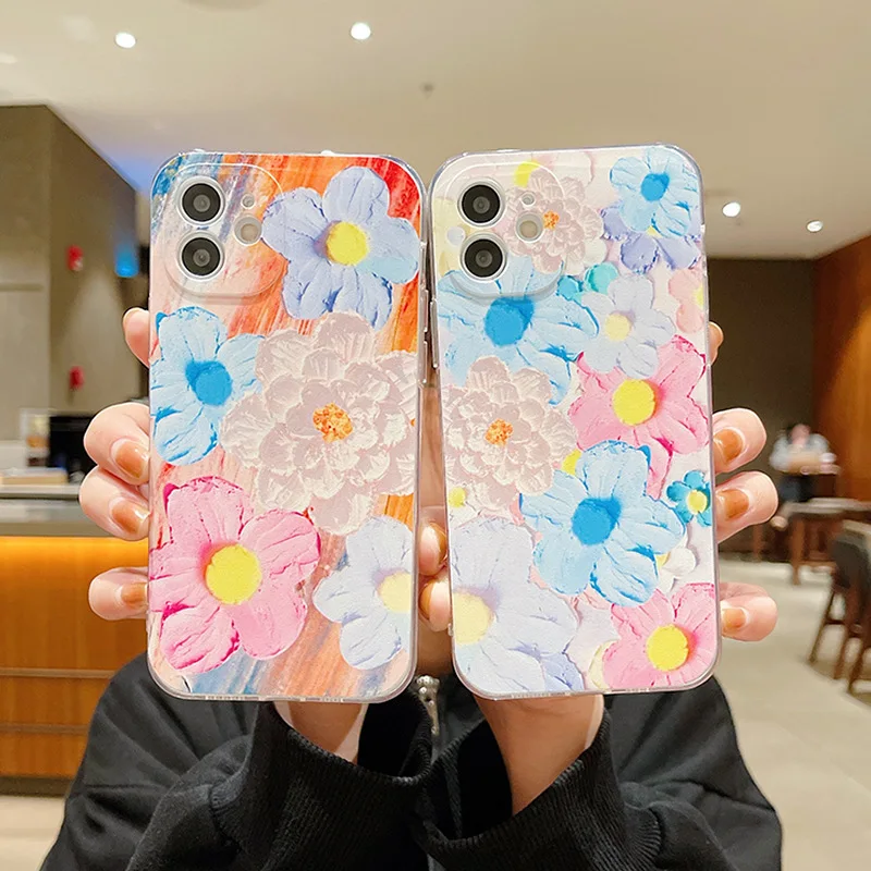 

Oil Painting Flower Phone Case for iPhone 13 12 11 Pro Max Soft Case 13mini 7 8 Plus X XR XS XSMAX Soft Tpu Silicone Cover