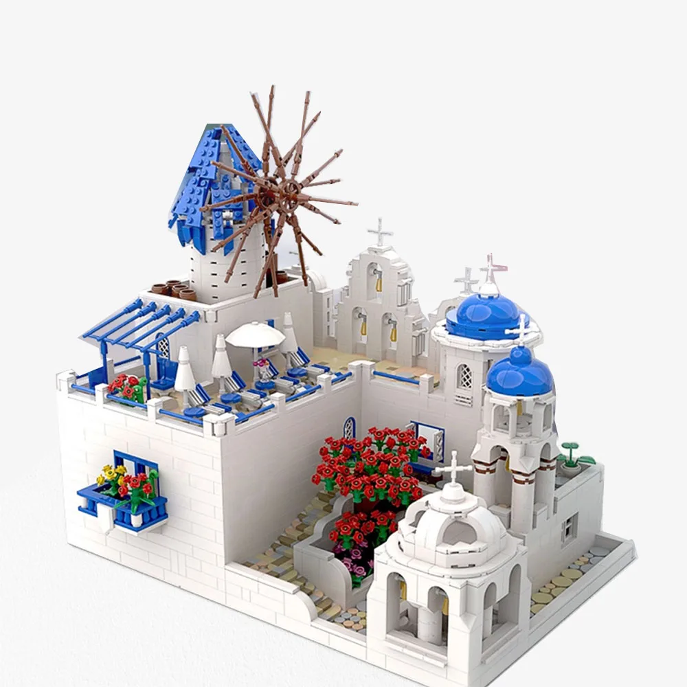 

Конструктор MOC креативный в уличном стиле, Греция, Эгейский море, Санторини, церковная архитектура, модель, детские игрушки, рождественский ...