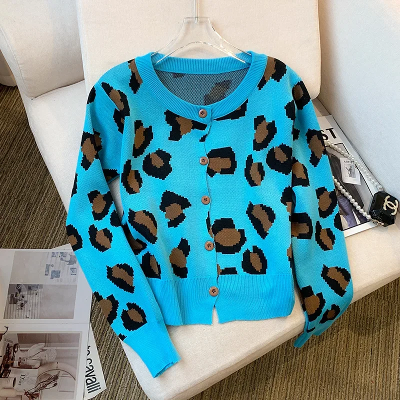 Новое поступление осени 2024 корейский стиль разумный дизайн леопардовый кардиган
