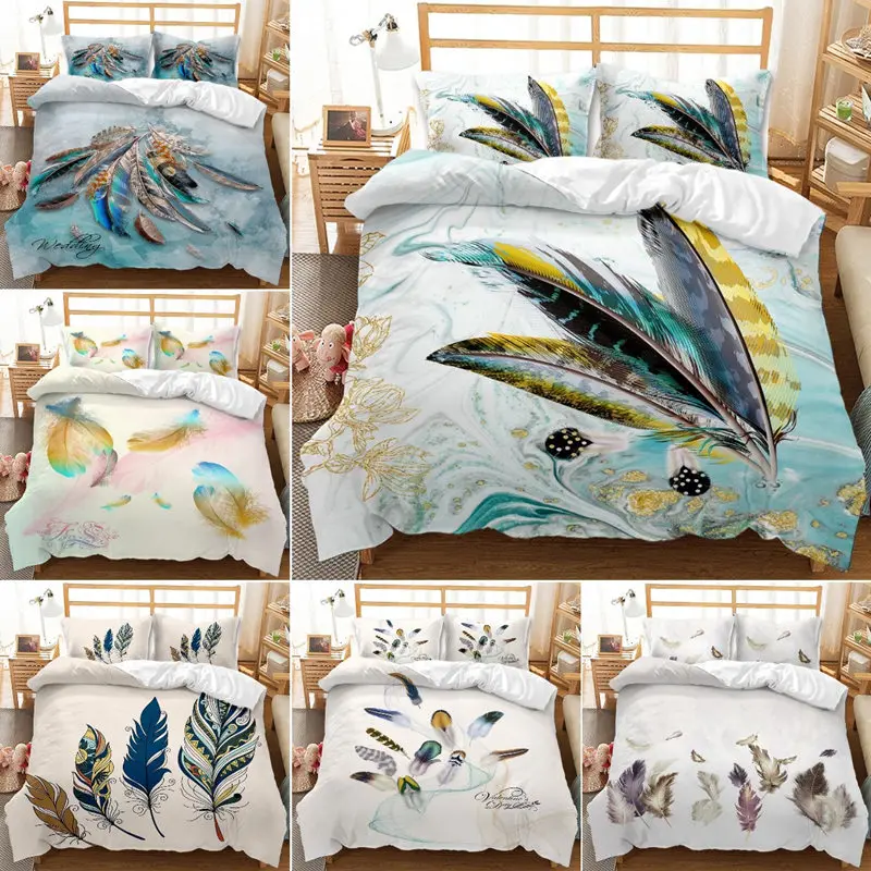 

Комплект постельного белья с перьями в богемном стиле, пододеяльник с принтом, одеяло, чехол с наволочками, Королевский размер для детей и в...