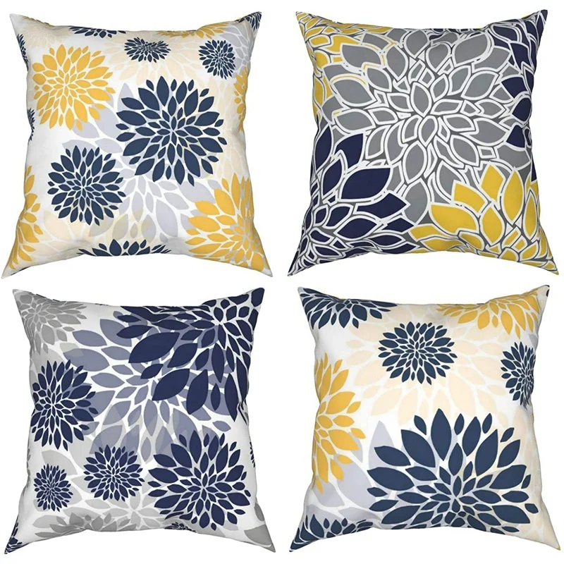

Throw Pillow Covers 18X18 Inch Set Of 4,Navy Blue Gold Oversized Flower Geometry Square Pillow Cushion Cases
