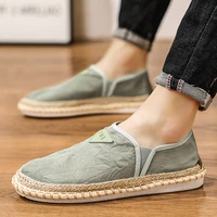 korean style men canvas casual fisherman shoes flats summer ice silk cloth casual male slip on belt decoration straw lazy shoes