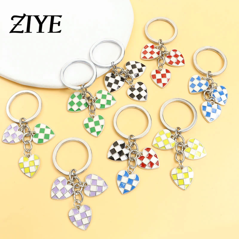 

Fashion Enamel Keychains Sweet Heart Keyrings Colorful Checkerboard Plaid Alloy Key Chains For Women Handbag Purse Jewelry Gifts