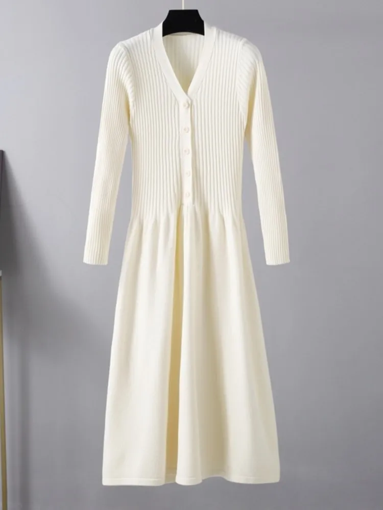 

Long Sleeve Elegant Knitted Midi Dress For Women V Neck Casual Solid A-Line Sweater Party Vestidos Femme Fashion Chic Robe Cloth