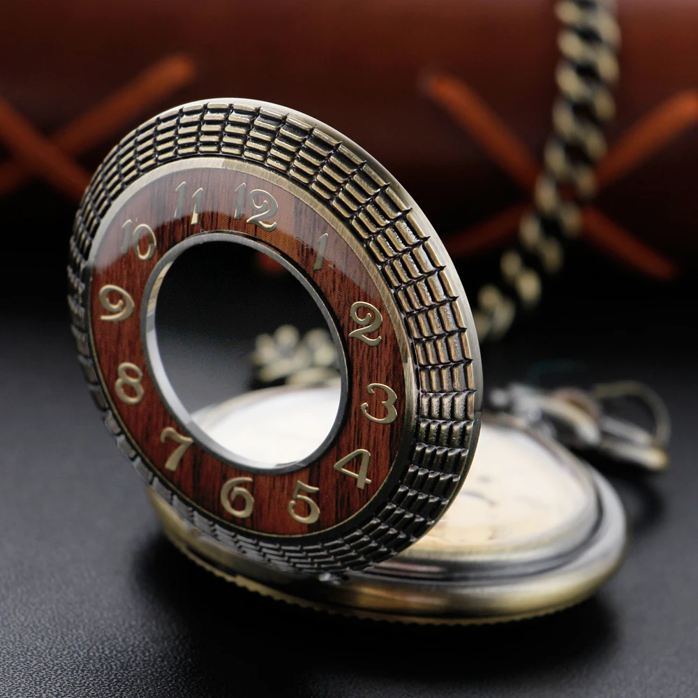 Vintage Wood Carving Hollow Skeleton Mechanical Pocket Watch Men's Fob Chain Steel Arabic Digital Sculpture Women's Men's Gift