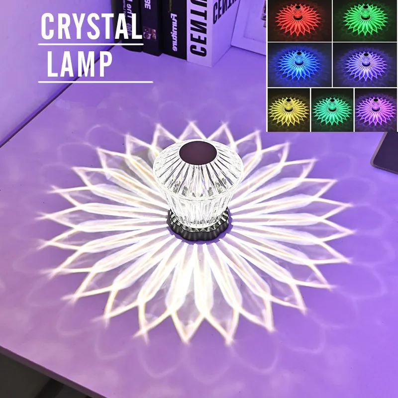 

LED Crystal Table Lamp Diamond Projector Atmosphere Light Touch Dimming Romantic Night Light USB Rechargeable DeskLamp Xmas Gift
