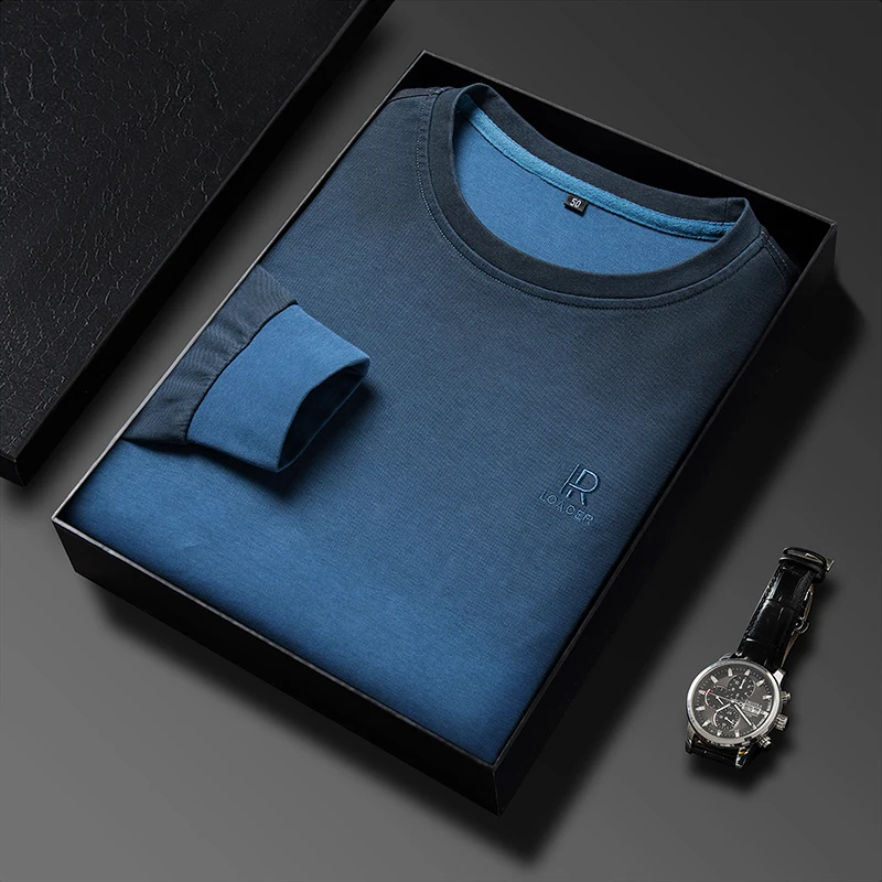 

Мужская хлопковая футболка, пуловер с длинным рукавом и круглым вырезом, с градиентной вышивкой, осенний Топ, новая Корейская утепленная базовая одежда в стиле Харадзюку