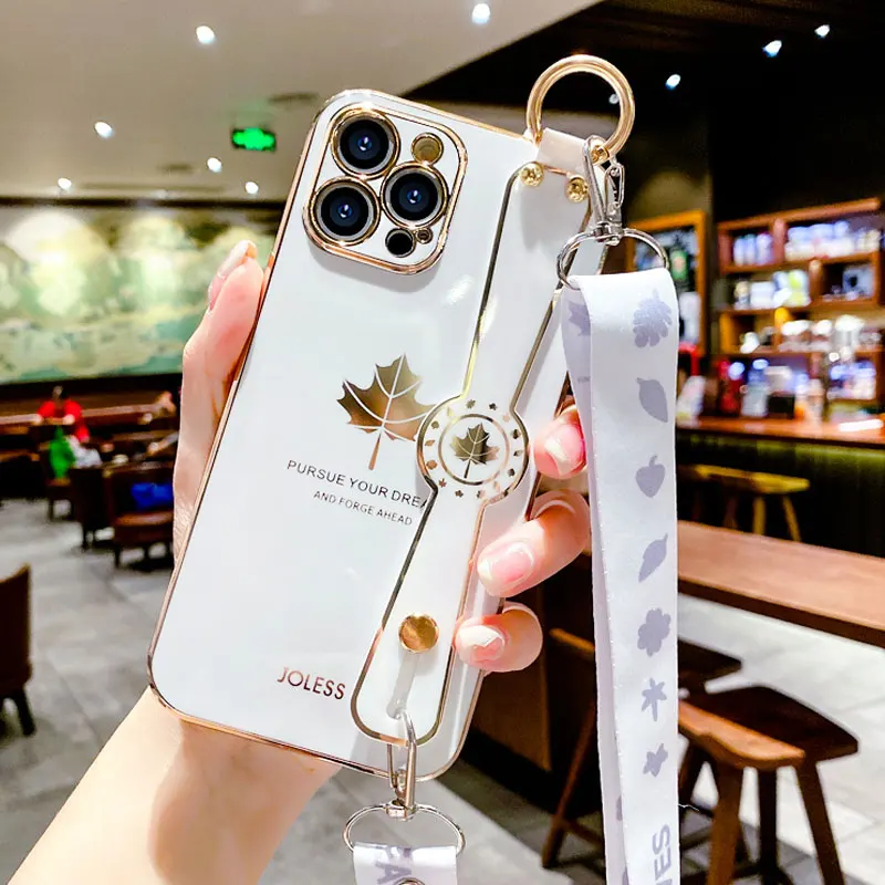 

Maple Leaf Wristband Holder Phone Case For Huawei Nova 9 pro Luxury Plating Electroplated Cases Nova 9 8i 7i 5T 3 3i Y7A Cover