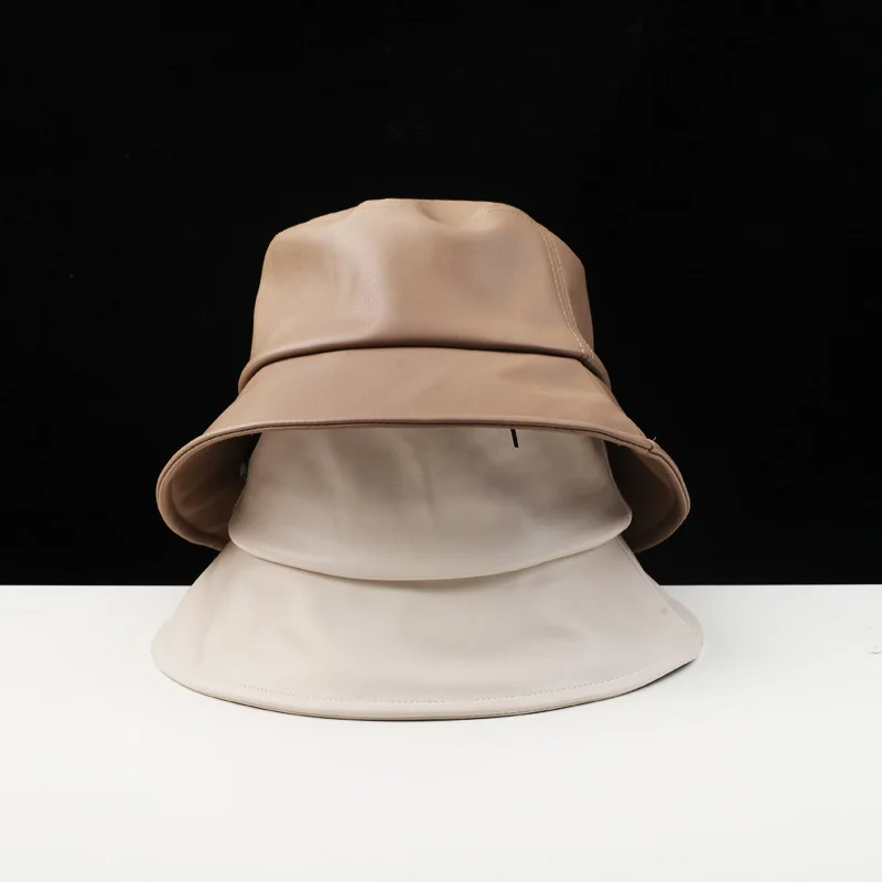 

New Vintage PU Leather Bucket Winter Hat Woman Autumn Streetwear Fashion Black Caps Beach Outing Luxury Hats for Women Men 2022