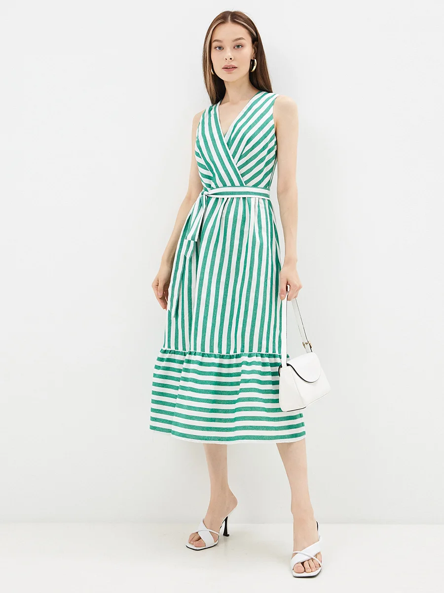 

Women Vintage Striped Printed Ruffled A-line Party Dress Sleevless Sexy Deep V neck High Street Casual Dress 2022 Summer Outwear