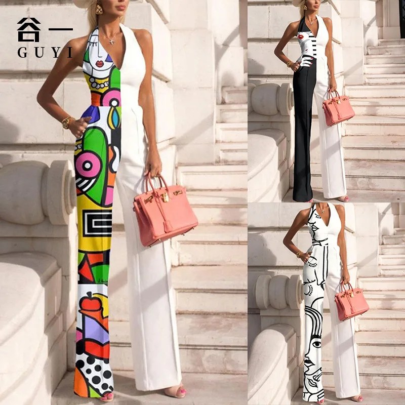 

Женский комбинезон в стиле пэчворк, элегантный комбинезон с принтом, открытой спиной и висячим воротником, лето 2023