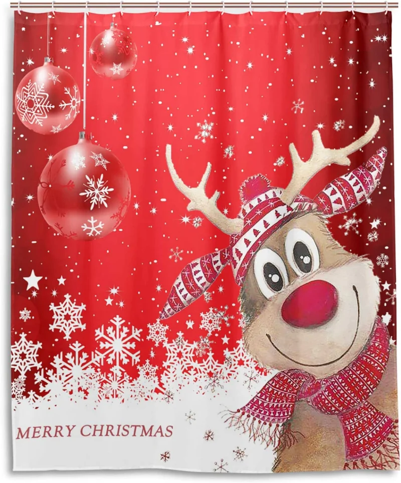 

Merry Christmas Reindeer Shower Curtain 60x72 Inch Winter Holiday Christmas Tree Red Bells Snow Snowflake Snowman Bath Curtain