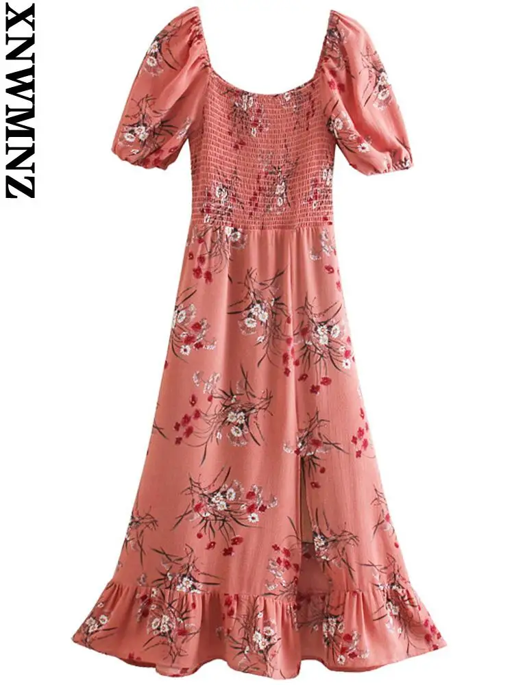 

XNWMNZ holiday beach dress Women fashion french floral print summer slit midi dress vintage square neck ruffles female dresses