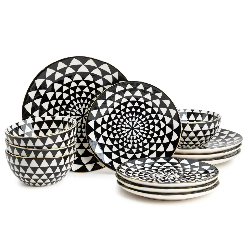 

Dinnerware Black & White Medallion Stoneware, 12 Piece Set Dinnerware Sets, Dinner Plates, Plates and Bowls Sets Round Plate
