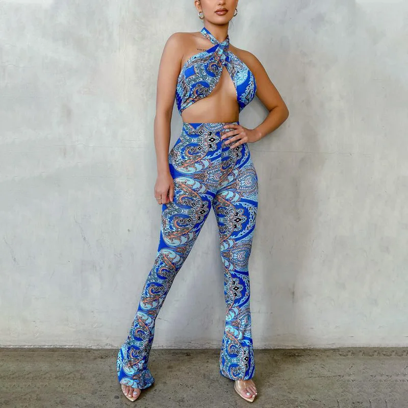 European-American Women's New Style 2023 Summer Sexy Hollow Hanging Neck Wrap Chest Fashion Printed Jumpsuit