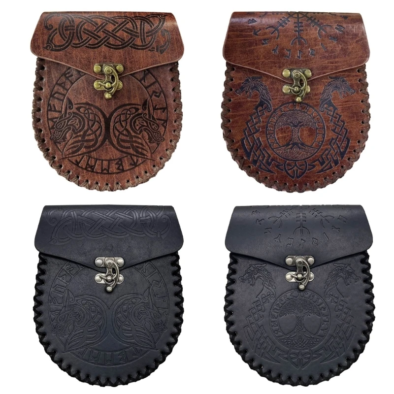 

448D Leather Medieval Waist Pack, Vintage Handwork Belt Pouch Waist Bag Leather Belt Pouch Medieval Pouch Nordic Embossed Bag