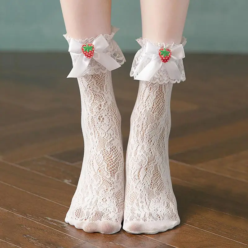 

Japanese Lolita Strawberry Women's Medium Tube Bud Silk Socks Lolita Beautiful Leg White Lace Hollow Out Pure Cotton Socks