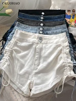 denim shorts two button high waist drawstring lace washed jeans women spring 2022 korean version stretch wide leg slim short