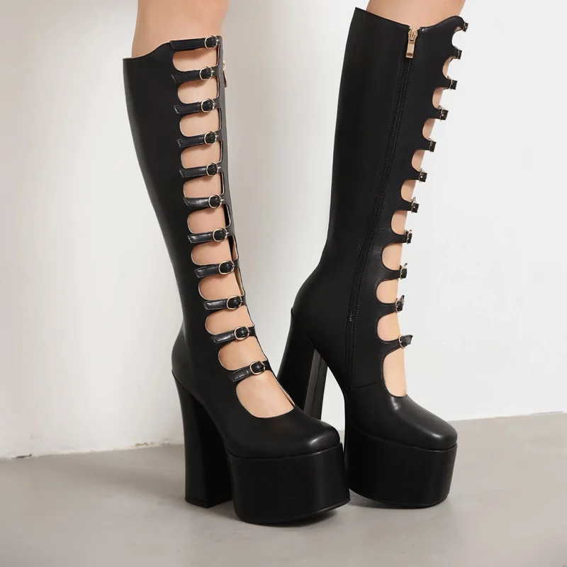 

fashion buckle gladiator shoes rome summer boots black shoes women knee high boots ladies cut-outs boots pu dress platform pumps
