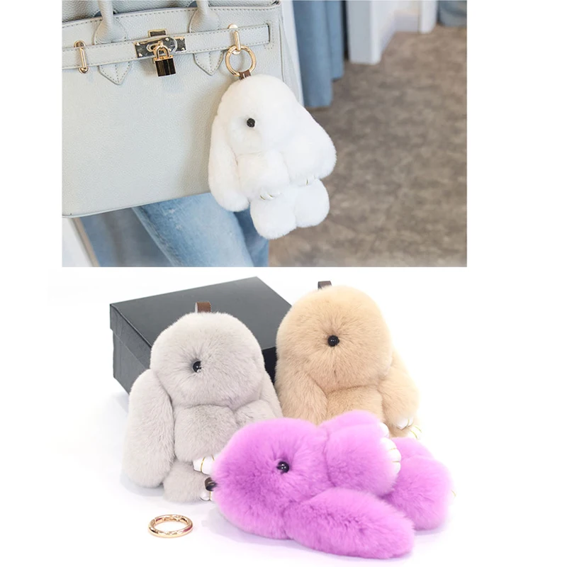 21 Color Rabbit Keychain Ring Fluffy Real Fur Pompon Bunny Trinket Key Chain Charm Cute Key Ring On Bag Car Key Pendant Lapin images - 6