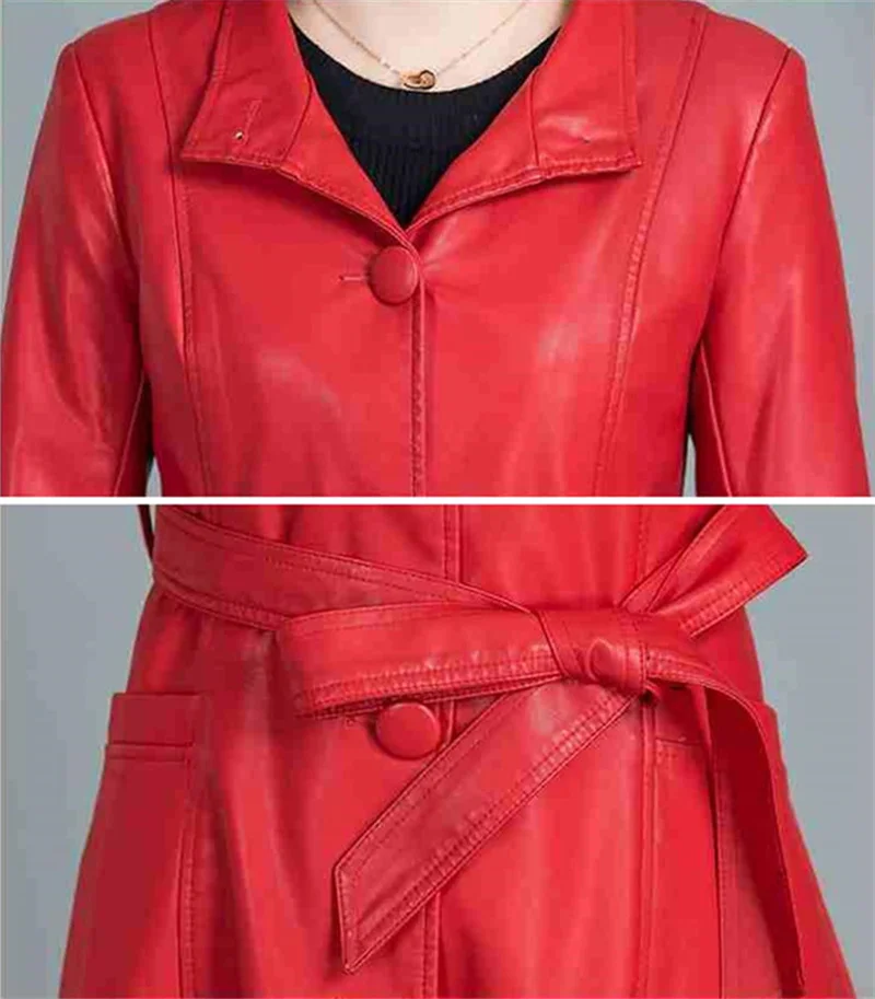 Autumn Long PU Leather Trench Coat Women Long Sleeve Stand Collar Single Breasted Belt 5XL Stylish Korean Fashion enlarge