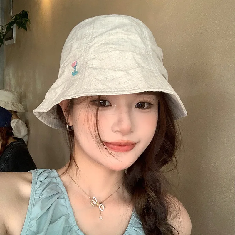 

Niche Linen Cotton Sense Sweet Flower Bucket Hat Women Summer Versatile Thin Breathable Basin Hat Bucket Hat
