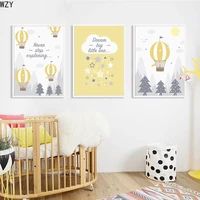 cartoon yellow hot air balloon nursery decor personalised name babyposter wall art canvas painting diy print picture home decor