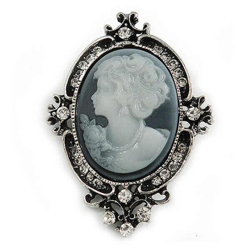

Vintage Inspired Clear Grey Cameo Beauty Portrait Brooch Retro Rhinestones Pins Corsage Women Suit Coat Collar Accessories Gifts