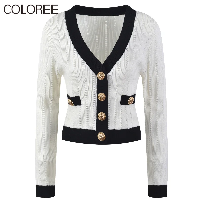 Vintage White Black Patchwork Knitted Cardigan Women 2022 Autumn Winter Clothes Elegant V-neck Long Sleeve Knit Sweater Mujer
