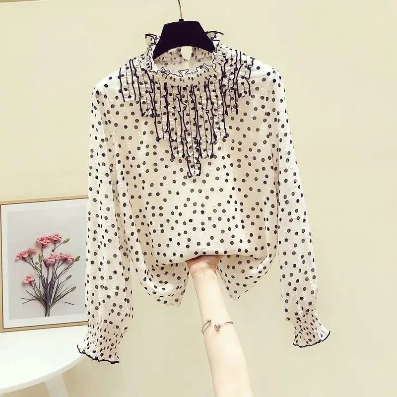 French long-sleeved chiffon shirt women's new  new loose  outer top   blouse  blouses for women fashion 2022  Solid