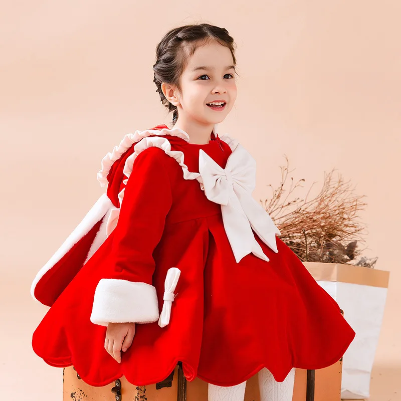 

Original Autumn and Winter Dress for Girls Baby Red Sweet Kawayi Bow Lolita Rubbit Ears Hat Velvet Coat Princess Party Dress