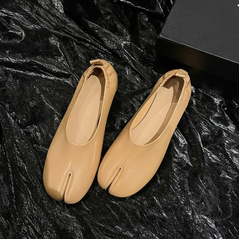 Vintage Split Toe High Heels Temperamental Soft Leather Chunky Pumps Horseshoe Loafers Elasticated Slip-On Women Shoes