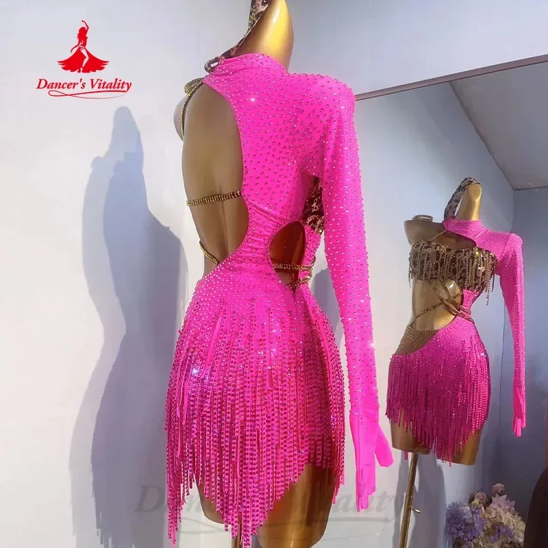 Платье для латиноамериканских танцев роскошное платье со стразами и бахромой